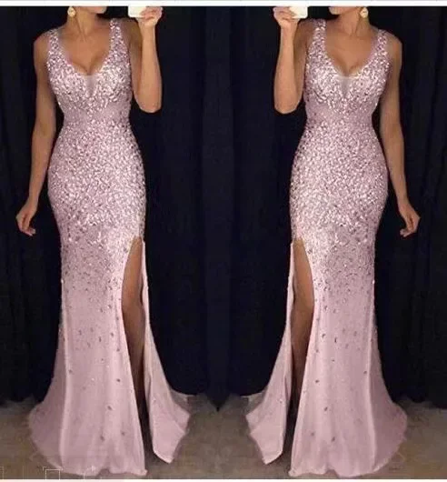 2024 Autumn Winter New European American Cross-border Amazon Side Slit Gold-embellished Long Evening Dress Sleeveless - Image 2