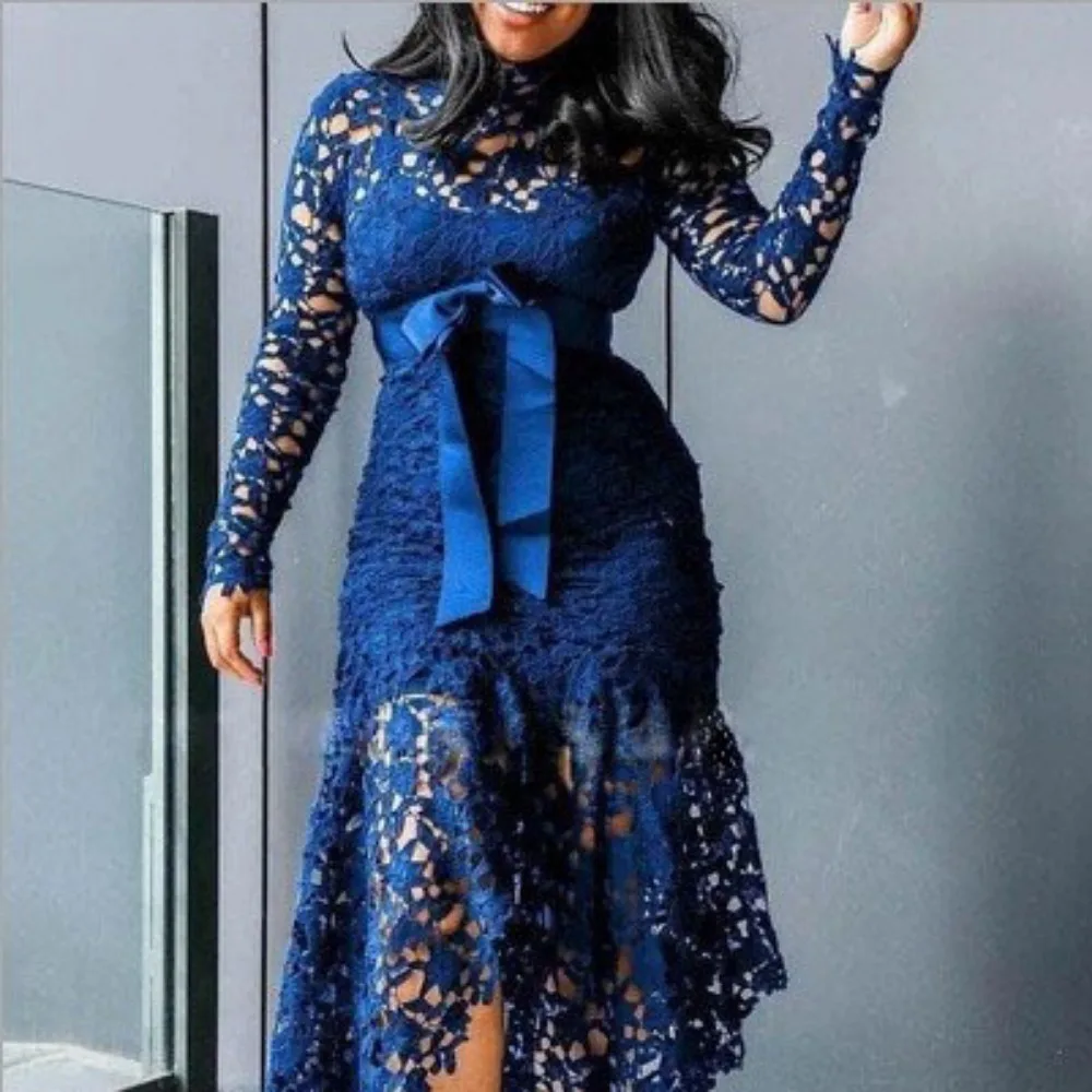 Women's Lace Dress with Hollowed Out Long Sleeved Stand Up Collar and Tie, 5 Colors Irregular - Image 2