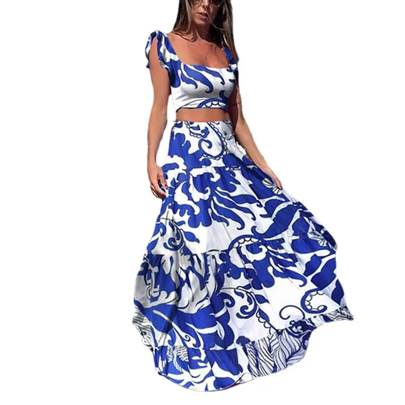 Elegant Boho Print Dress Women Sleeveless Casual Loose A-line Dress Summer Two-piece Set Ladies Vacation Ruffled Edge Dresses - Image 5