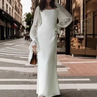 2025 New French Elegant Square Collar Splice Mesh See through Flared Sleeve Slimming Pure Color Fish Tail Dress