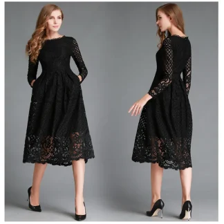 2024 European And American Autumn New Solid Color Women's Dress Round Neck Hollow Simple Lace Long Sleeve Slim Midi Dress