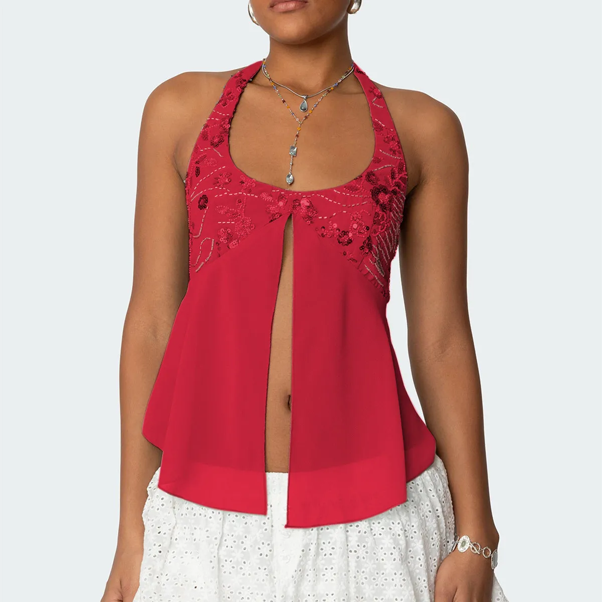 hirigin Women Sequin Chiffon Halter Top Fashion Mesh Splicing Sleeveless Backless Split Slim Fit Tops Lady Summer Beach Top - Image 4