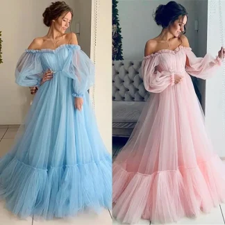 BWQ Women Elegant Wedding Party Dress Off Shoulder Mesh Dresses Solid Embroidery Pleated Long Dress Long Sleeved Large Hem Dress