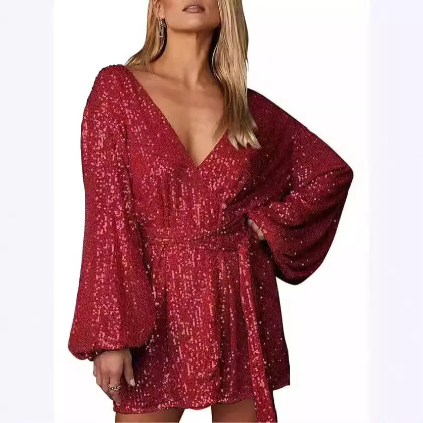 New Sequined V-neck Long-sleeved Bubble Sleeves Glitter Party Wrap Skirt Mini Sparkle Party Skirt Slim And Thin Women's Clothing - Image 5