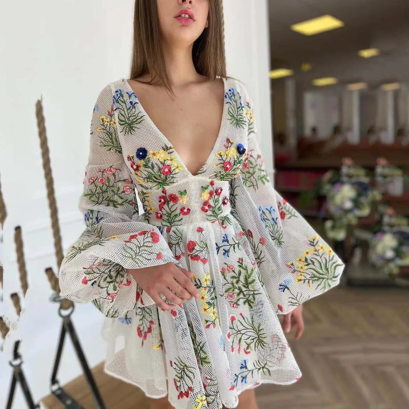 2025 Summer New Women's Mesh Embroidered Design Lantern Sleeve Fairy Birthday Party Dress