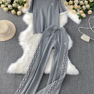 Korean style sports suit female summer short sleeved round neck T-shirt loose and slimming printed wide leg pants 2piece set