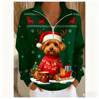 Christmas Women's Sweatshirt pet pattern printed Zipper pullover sweater autumn and winter Women's clothing polyester sweatshirt