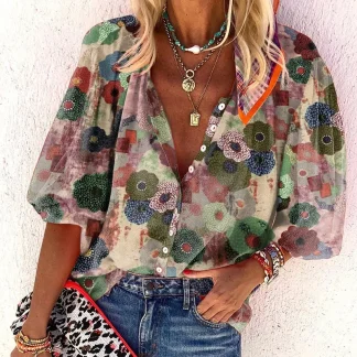 Casual Floral Print Shirt Women's Summer Turn-down Collar Top Cross-border Wish Chuyi Female Fashionable Button-up Blouse