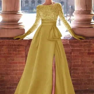 A-Line Floor Length Evening Gown Ball Gown Formal Dress Elegant High Split Long Sleeve Jewel Neck Formal Satin with Glitter Slit