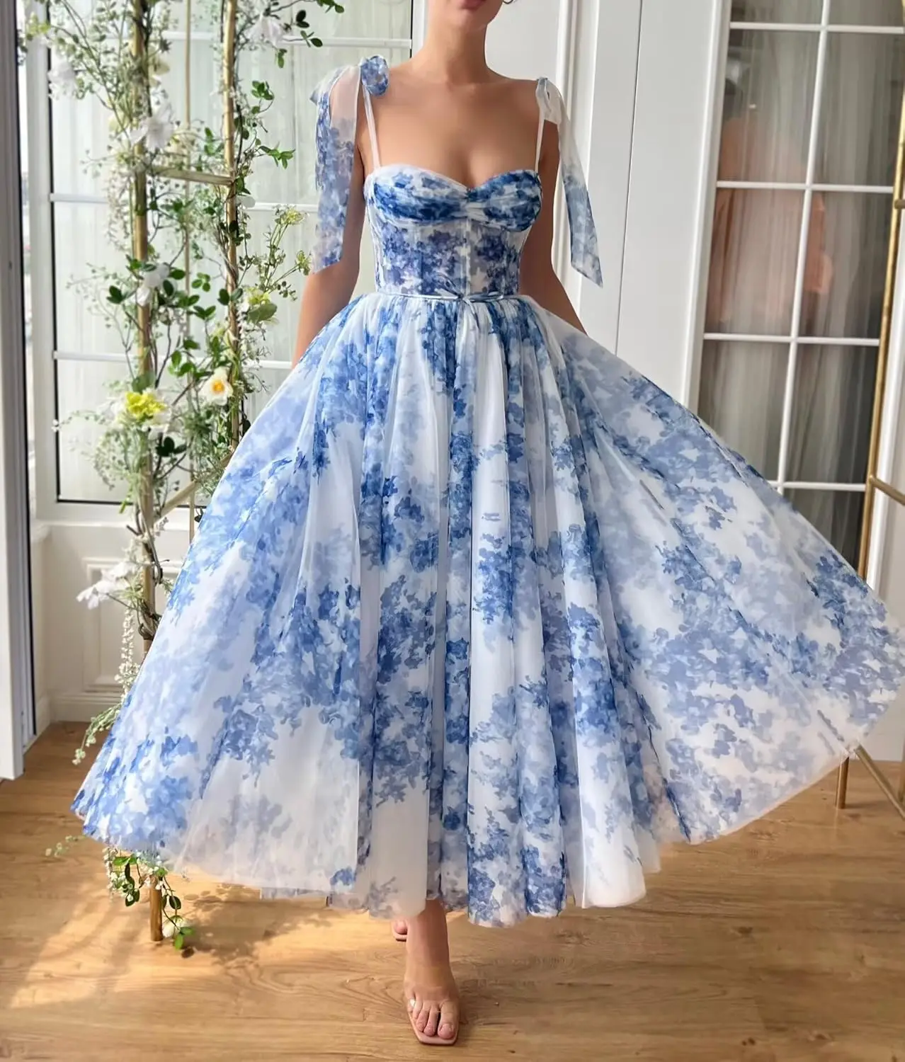 Women’s Floral Print Tulle Prom Dresses Tea Length Corset A Line Fairy Formal Evening Party Gowns Formal Dress Women Elegant - Image 2