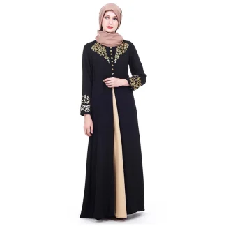 Women's Muslim Fashion High Waisted Dress Abaya Vintage Dubai Turkey Islam Patchwork Clothing Long Sleeve with Buttons