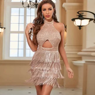 Sexy Hollow Out Tassels Hem Sequins Mini Dress Women Fashion Backless Off Shoulder Slim Short Robes 2025 Party Nightclub Dresses