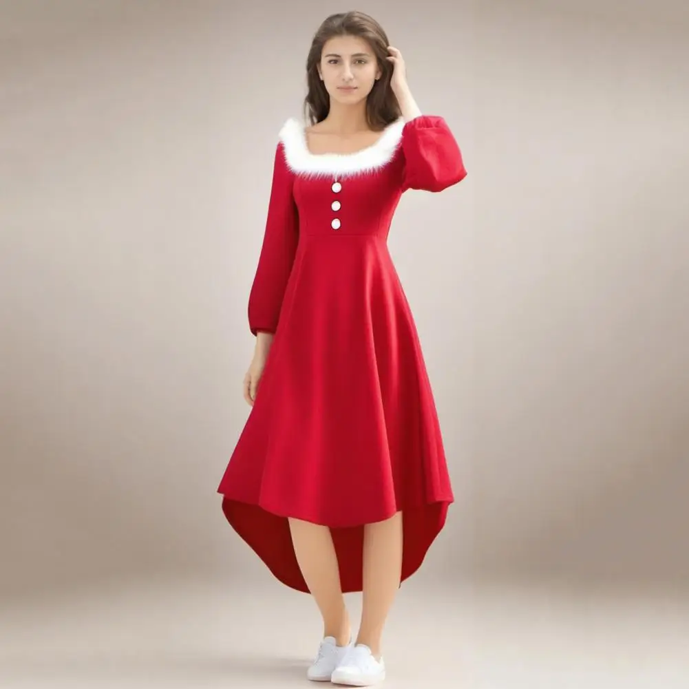Women Holiday Red Dress Christmas Performance Dress Square Neck White Ripped Edges Dress Santa Cosplay Outfit Women Maxi Dresses