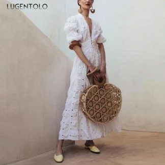 Lace Dress Women Short Sleeve Deep V-neck White Summer Thin Female Big Swing Casual Hollow Out Clothing Lugentolo