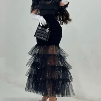 Sequin Summer Dress Temperament Commuter Maxi Dress Elegant Solid Color Dresses for Women Fashion Black Cake Dress Evening Dress