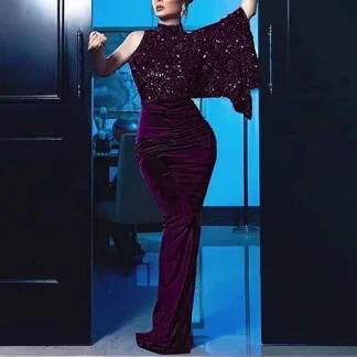 New Fashion Sexy One-Shoulder Sleeve O-neck Sequined Sheath Solid Color Slim Fit Split Floor-Length Dress For Women,2 Colors