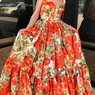 New Fashion Sexy Sleeveless Strapless Print Fit And Flare Swing Spaghetti Strap Slim Fit Ankle-Length Camisole Dress For Women