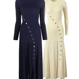 Yitimuceng Fashion Dress for Women Vintage Casual Long Sleeve Dresses Solid Silm Button O Neck Midi 2025 New Autumn Winter Dress