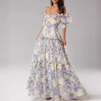 Sexy Elegant Off Shoulder Floral Print Party Dress Summer Women French Temperament Backless Puff Sleeve Chic Evening Gown 2024