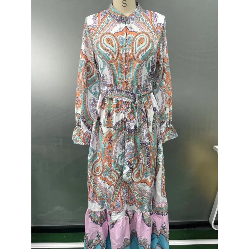 Fashion Vintage Single Breast Stand Collar Print Dress High Waist Lantern Sleeve Loose Vestidos Spring Lady Cuasal Vocation Robe - Image 5