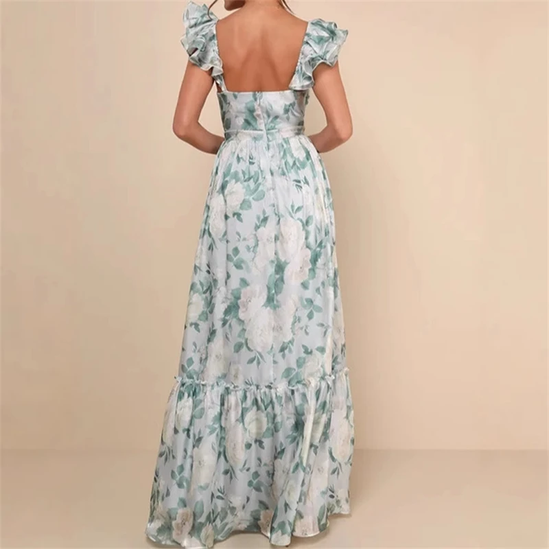 Women Sexy Floral Print Mini Dress Deep V Neck U Backless Spaghetti Strap Ruffle Hem Slim Fit Fashion 2025 New Arrival - Image 4