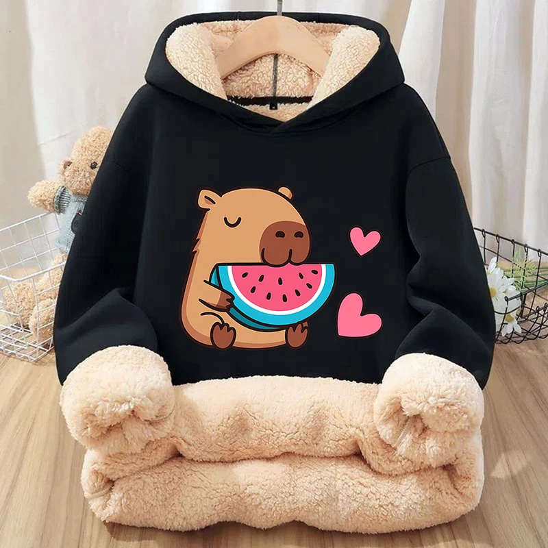 Kawaii Capybara Children's Clothing Lamb Wool Pullover Hoodies Boys Girls Winter Warm Thick Long Sleeved Sweatshirt Anime Gifts - Image 3