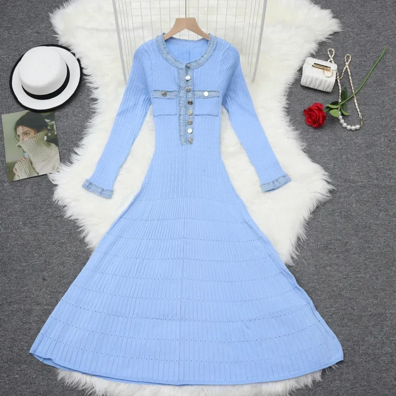 Slimming Effectiveness Long Sleeve round Neck Knitted Dress Cross-Border Jeans Maxi Dress Simple And Elegant Long Dress - Image 2