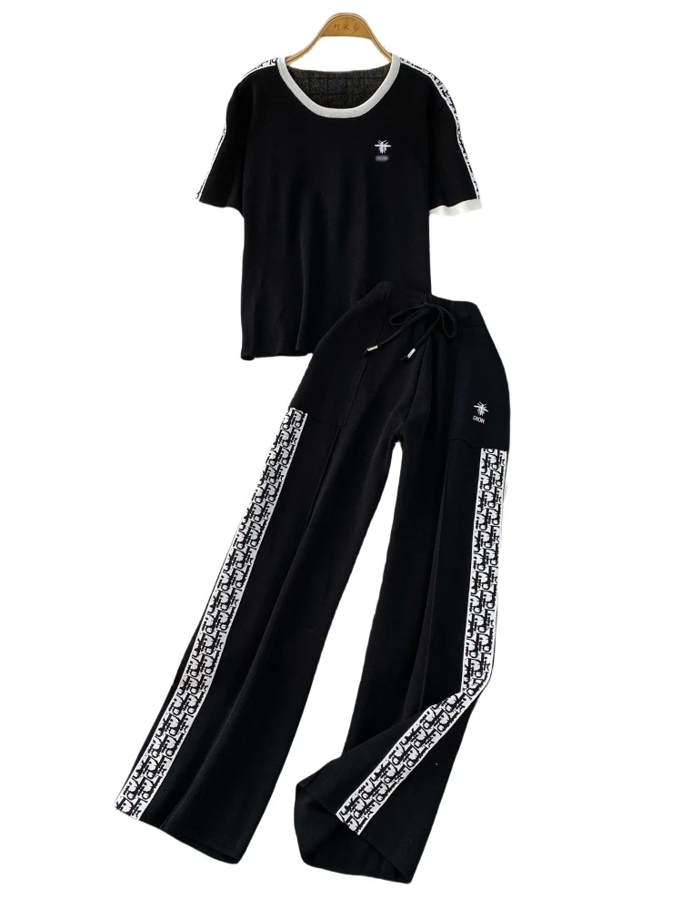 Korean style sports suit female summer short sleeved round neck T-shirt loose and slimming printed wide leg pants 2piece set - Image 4