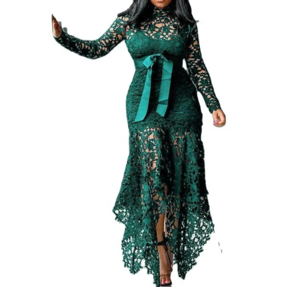 Women's Lace Dress with Hollowed Out Long Sleeved Stand Up Collar and Tie, 5 Colors Irregular - Image 5