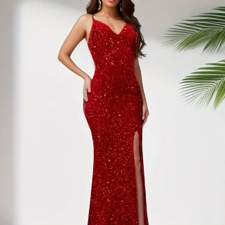Sexy V Neck Backless Sequined Maxi Dress Stretch Split Sleeveless Open Back Evening Night Party Dress