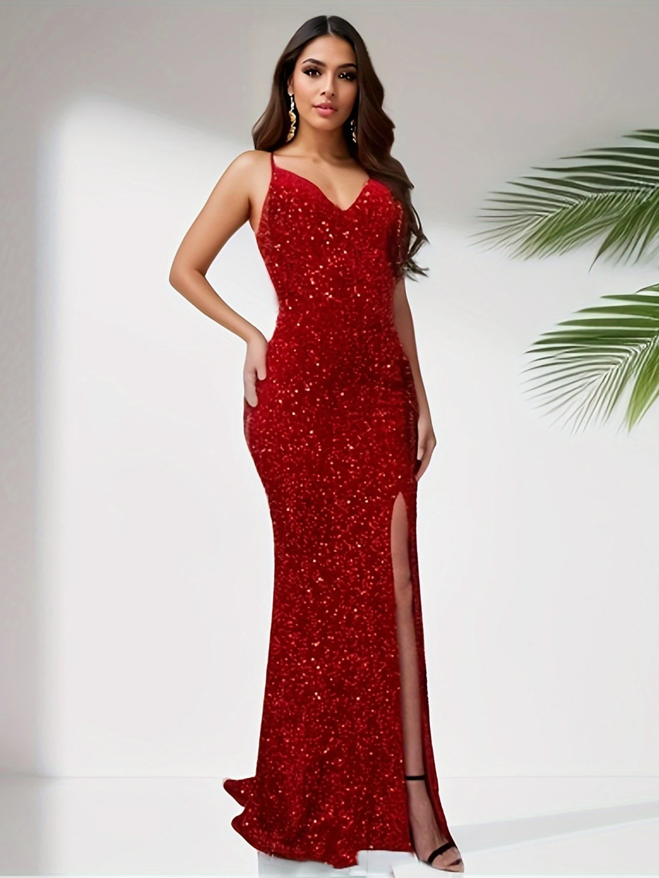 Sexy V Neck Backless Sequined Maxi Dress Stretch Split Sleeveless Open Back Evening Night Party Dress