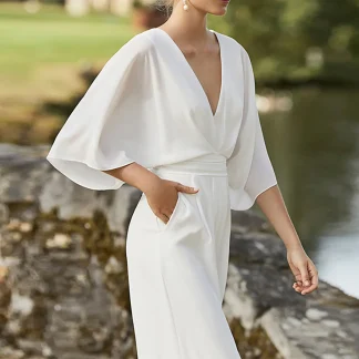 Women Elegant Party Jumpsuits Deep V-Neck Half Sleeve Solid Color Casual One-Piece Jumpsuit High Waist Wide Leg Pants Playsuit
