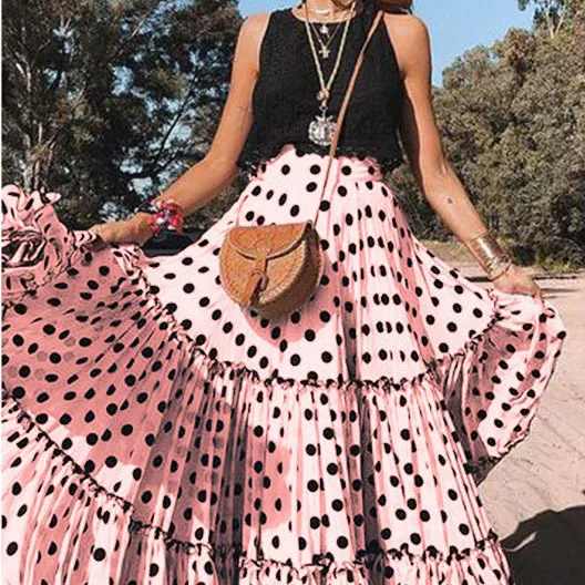 Spring Summer New High Waist Polka Dot Printed Long Skirt Beach Big Hem Boho Skirt Elegant Loose Ruffled Pleated Skirt Female - Image 3