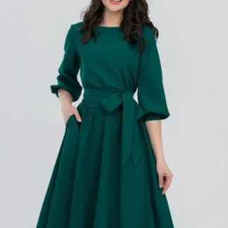 2023 Summer Dress Women's Vintage Dress Round Neck Long Sleeve Elegant Lace Up Solid Color New Green Maxi Dresses for Women