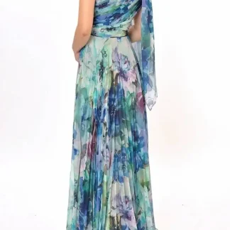Boho Style Floral Print Pleated Maxi Womens Sexy One Shoulder Bowknot Party Summer Backless Hollow Long Dress