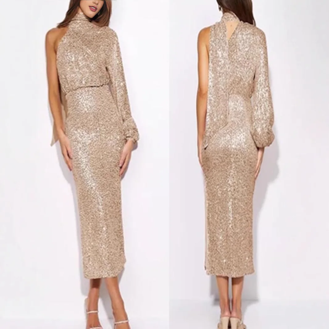 2025 Spring Sequin Design Scarf One Shoulder Round Neck Long Evening Dress Fashion Party Dress Vestidos De Fiesta - Image 4