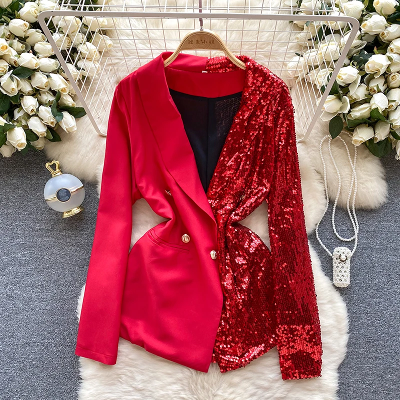ITOOLIN Fashion Temperament Slim Fit Top Sexy Sequin Patchwork Long Sleeved V-neck Double Breasted Blazer Streetwear - Image 3