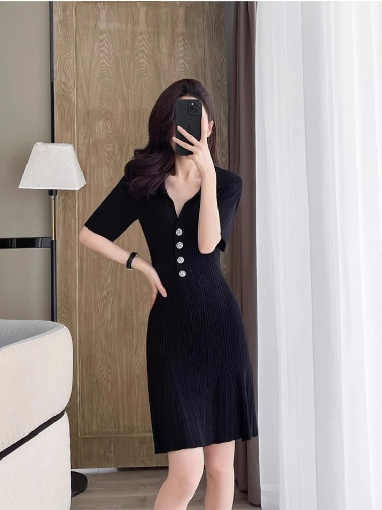 New in Summer Women's Clothing Polo Collar Short-sleeved Ice Silk Knitted Dress White Small Fresh Thin A-shaped Skirt - Image 4