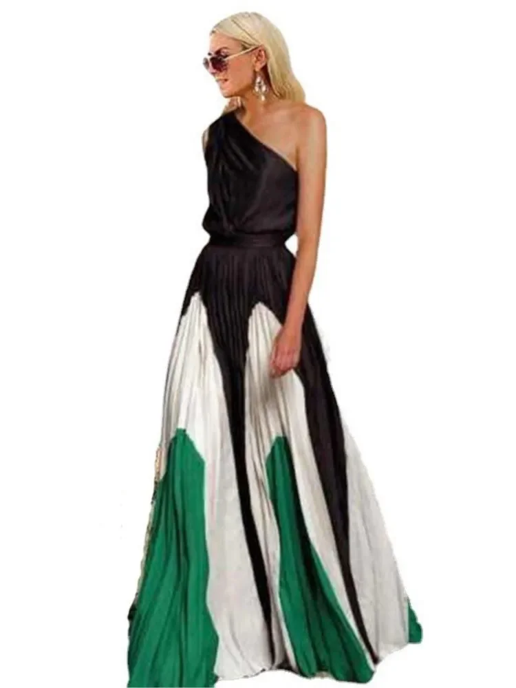 Spring Summer New One Shoulder Dresses Women Splicing Print Off Shoulder Loose Long Dress Fashion Ladies Commuting Vestidos - Image 6