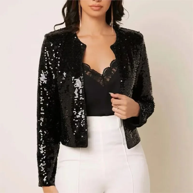 Elegant Chic Blazer Shining Sequins Short Coat New Fashion Long O-neck Cardigan Jacket Open Front Outwear Female Clothing - Image 4