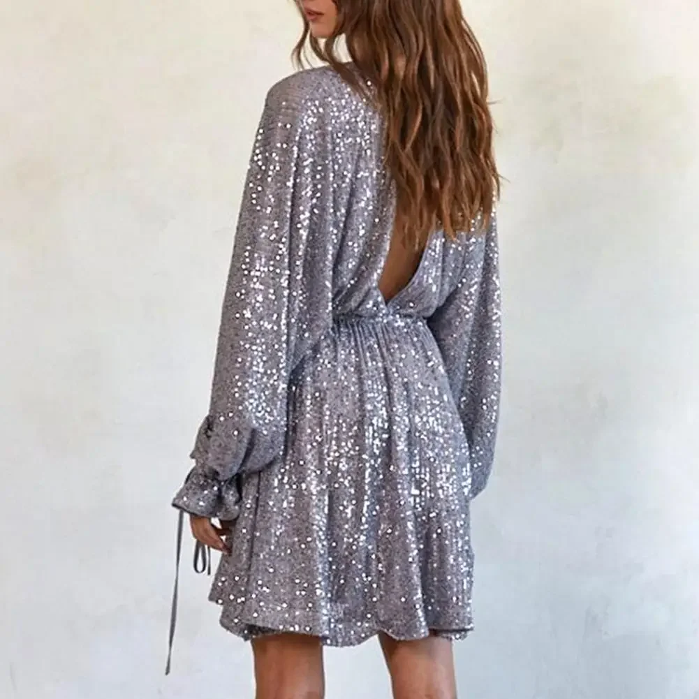 Women Sequin Dress Shimmering Deep V Neck Lady Party Dress Solid Color Long Sleeve Bow Lace-up Strap Loose Dress for Dating - Image 3
