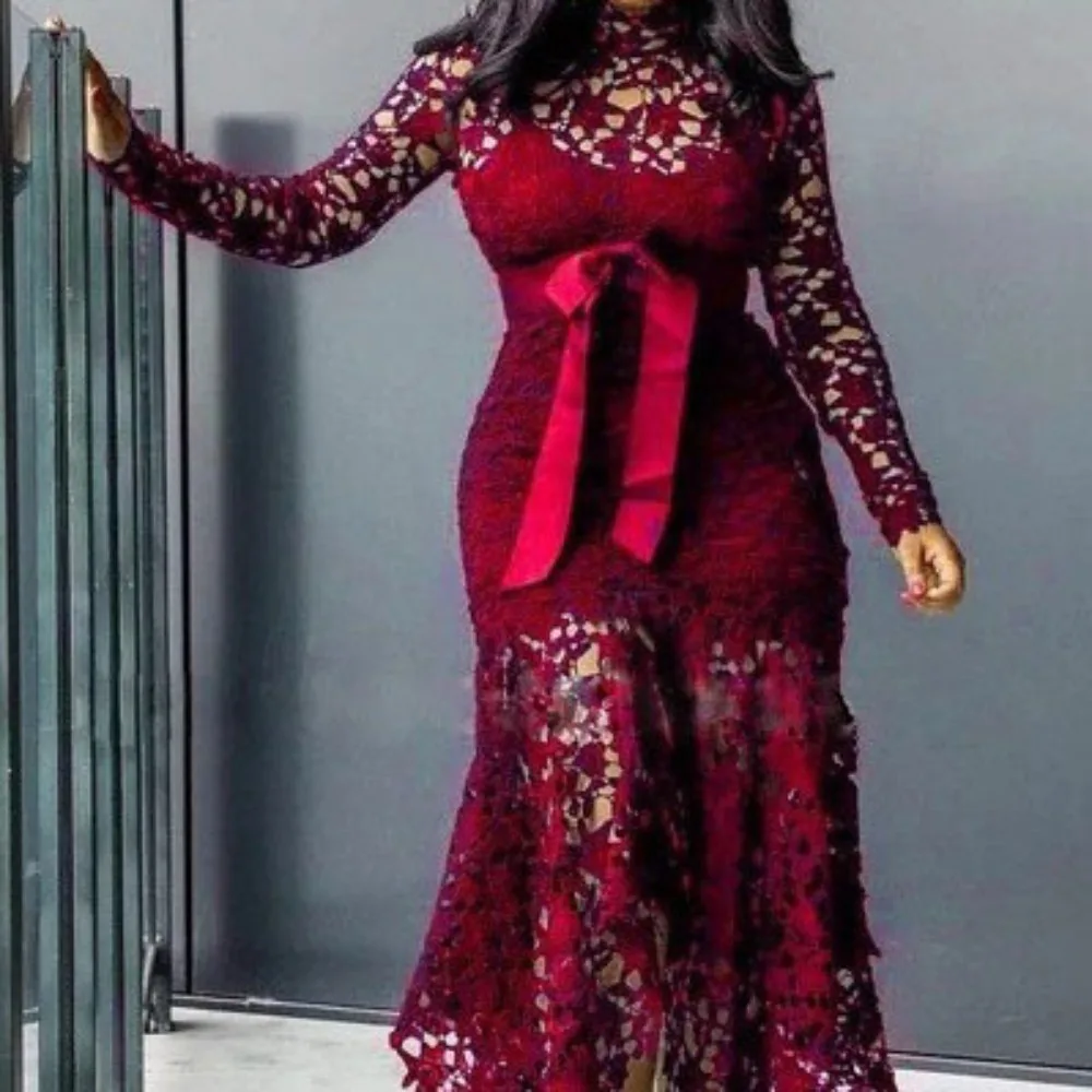 Women's Lace Dress with Hollowed Out Long Sleeved Stand Up Collar and Tie, 5 Colors Irregular - Image 3