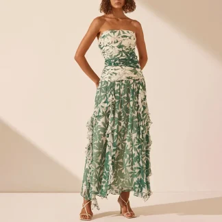 Elegant Long Printed Chiffon Gown Women's Evening Dress Cross-Border New Style Ruffle Design Sleeveless High Waist Gown