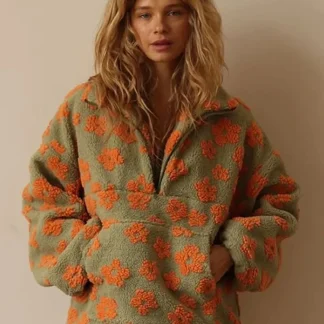 Blubelle New Autumn Winter Women's Sherpa Floral Pullover Hoodies Half Zip Style Loose Fit Warm Stylish Sweatshirt