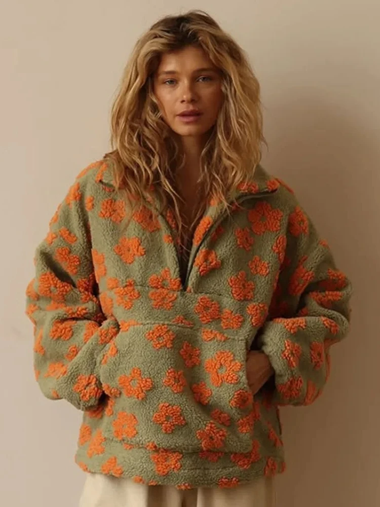 Blubelle New Autumn Winter Women's Sherpa Floral Pullover Hoodies Half Zip Style Loose Fit Warm Stylish Sweatshirt