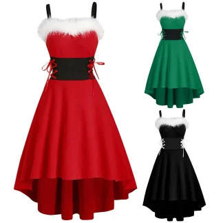 Women Christmas Dress Off Shoulder Christmas Solid Color Lace-Up Corset Plush Patchwork Suspender Dress Midi Fit And Flare Dress