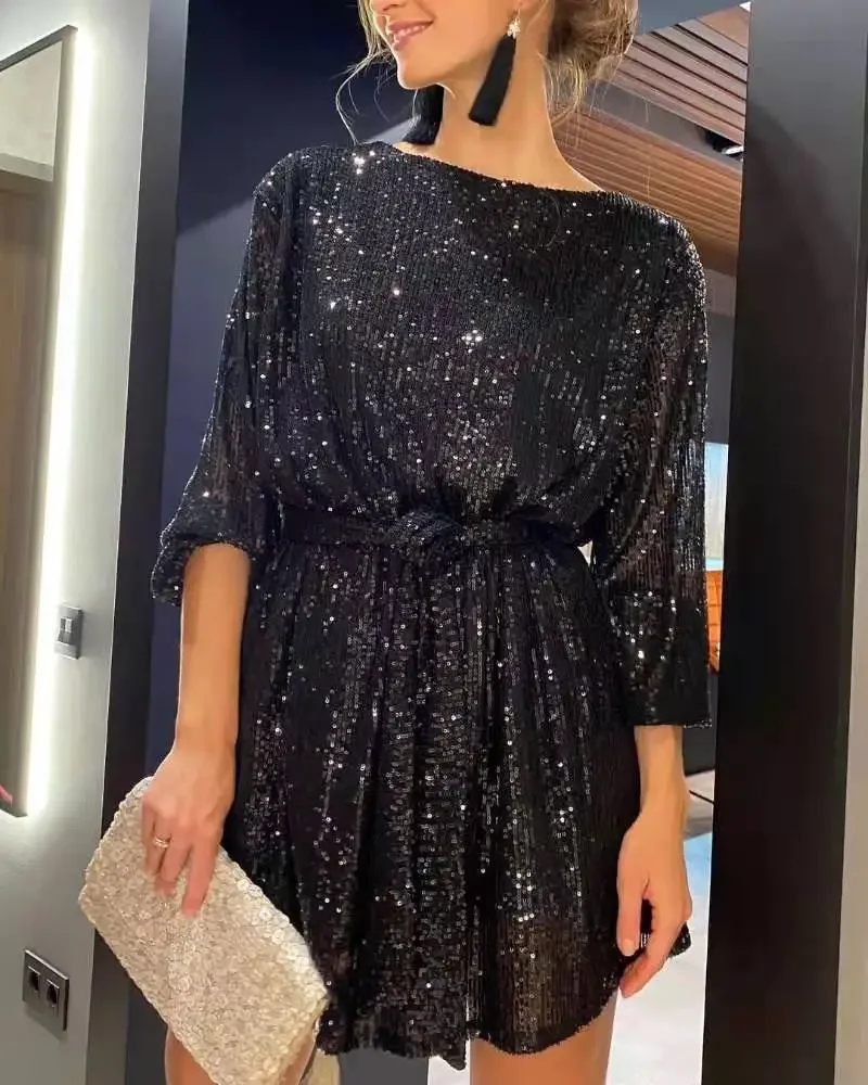 2025 New Women's Holiday Party Cocktail Party Sparkling Beaded Dress Fashion Temperament Elegant Sexy Sequined Evening Dress