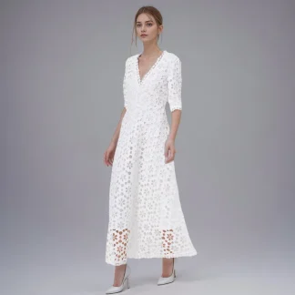 Hollow Out Embroidery Maxi Dresses For Women V Neck Short Sleeve High Waist Patchwork Zipper Elegant Dress Female Style