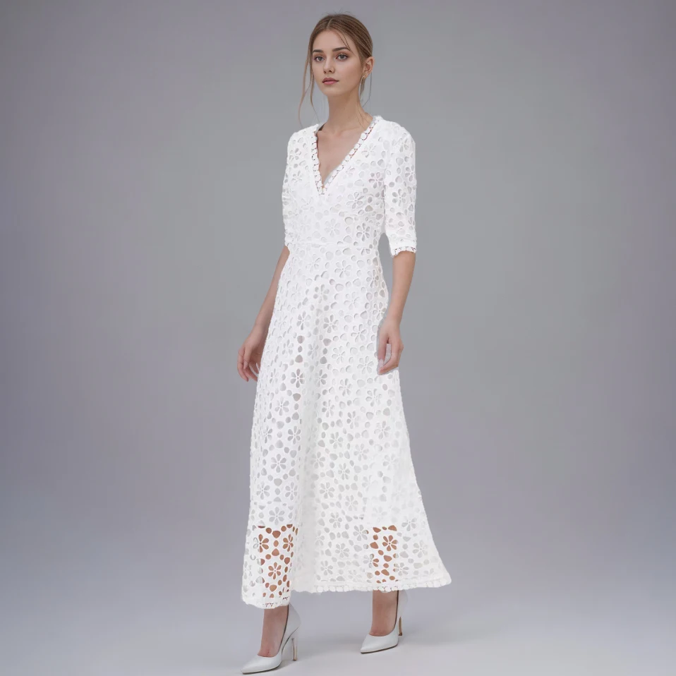 Hollow Out Embroidery Maxi Dresses For Women V Neck Short Sleeve High Waist Patchwork Zipper Elegant Dress Female Style