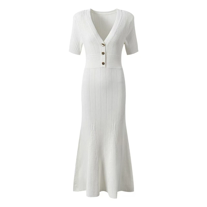 2025 Women Temperament Red Slim Knitt Fishtail Dress French High-Quality V-Neck Short-Sleeve Solid Pit Stripe Robe Evening Dress - Image 5